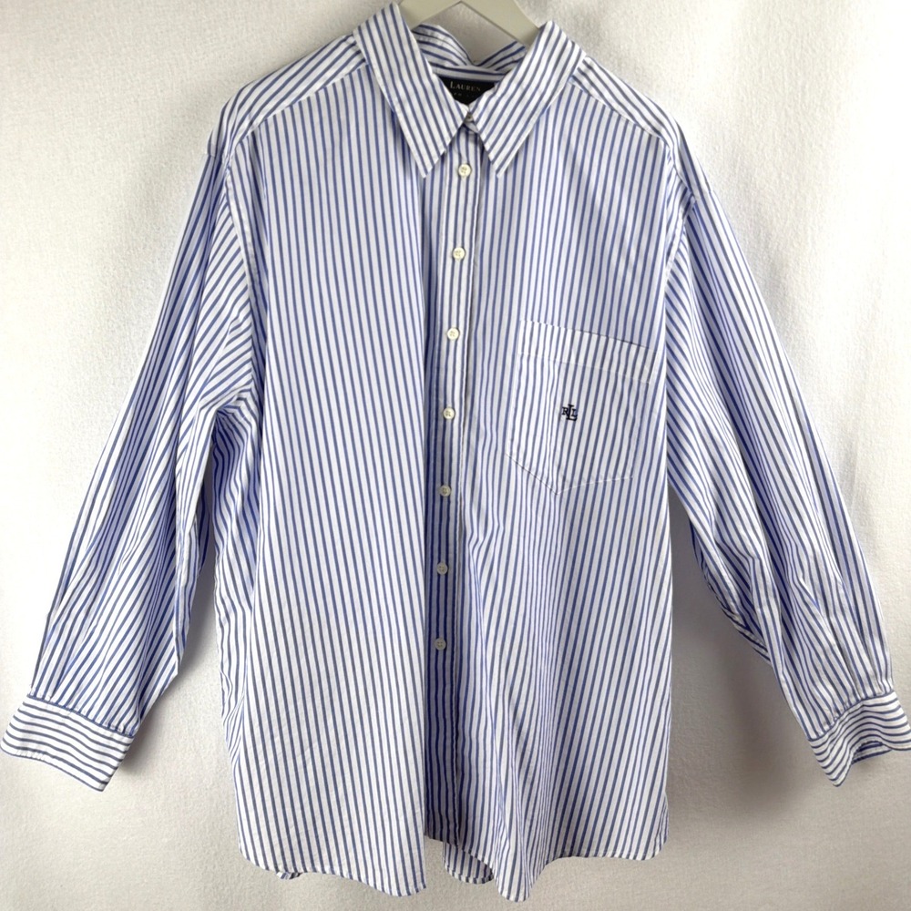 Lauren Ralph Lauren Blue White Striped 100% Cotton Button Down Shirt Womens 22W